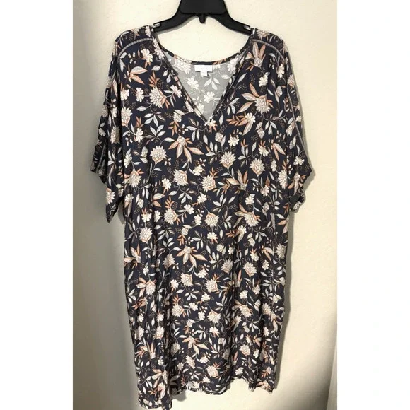 J. Jill Pure Jill Gray & Blush Pink Floral V-Neck Short Sleeve Shift Dress XL - Picture 1 of 5